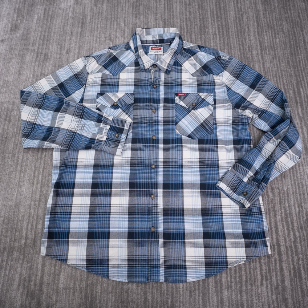 Wrangler Western Shirt Mens 2XL Blue Plaid Excellent Long Sleeve Button Up